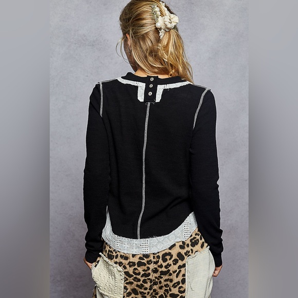 NWT POL Clothing Crochet Patch Button Detail Back Ribbed Long Sleeve Top Shirt - Picture 5 of 7